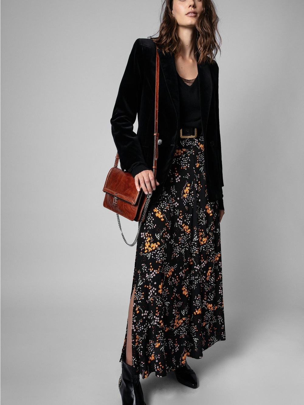 Judith Black Floral Maxi Skirt with Side Slit and Pockets